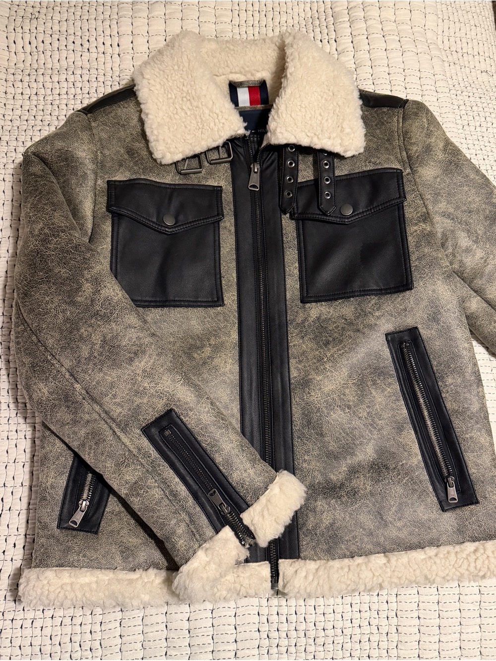 Tommy Hilfiger Gray Distressed Bomber Jacket with Cream Shearling Collar
